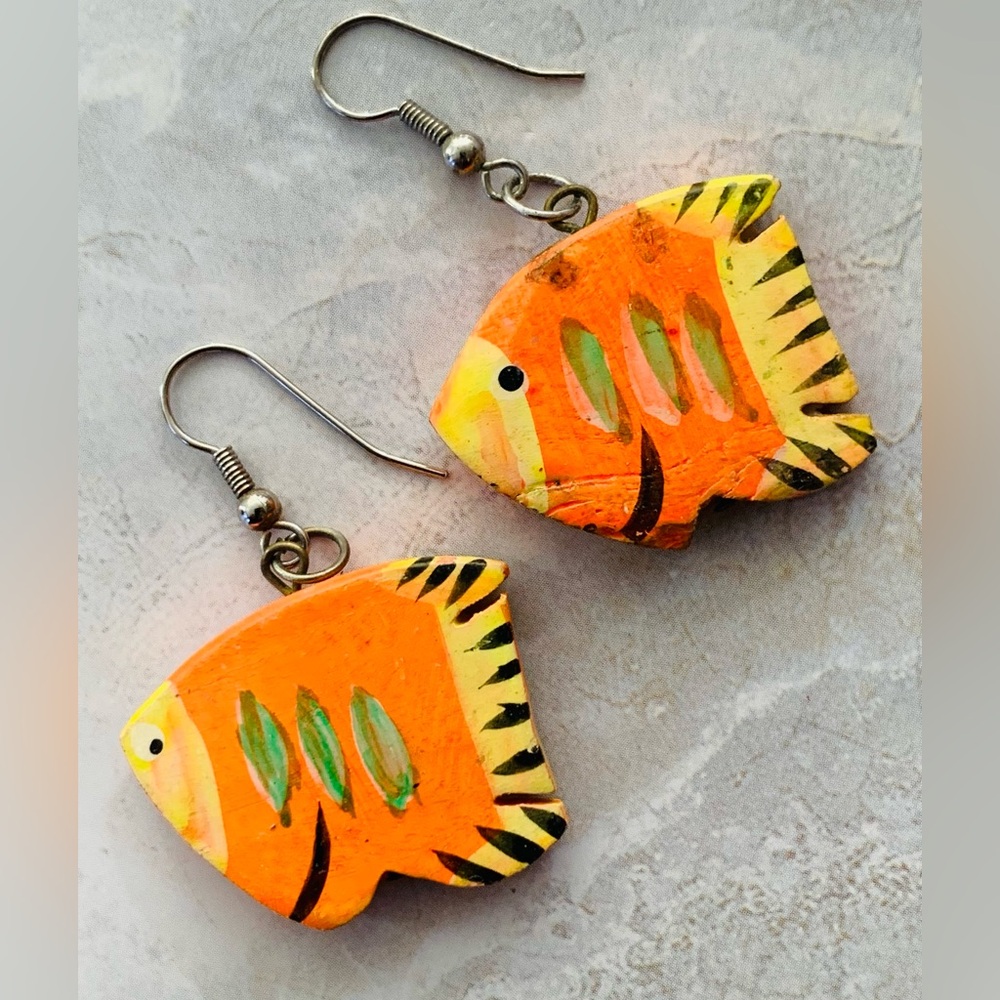 Hand Carved Tropical Fish Wooden Earrings